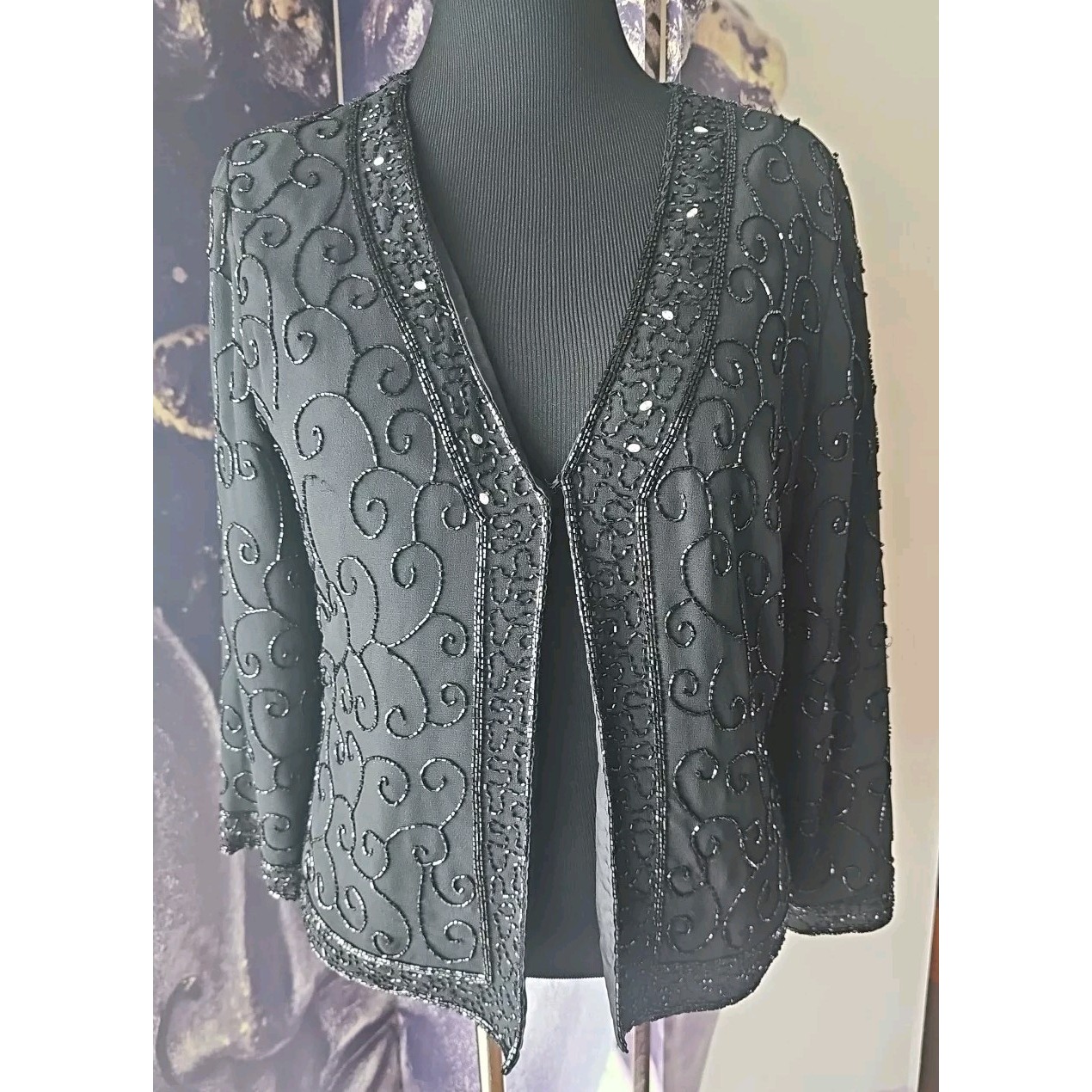 Vtg 90s Jmd New York Sheer Black Beaded Dressy Cardigan Duster Night Women's Xl